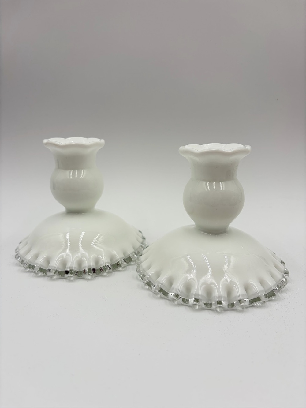 Set of 2 FENTON Candle Holders White Milk Glass Silver Crest Candlesticks 4"